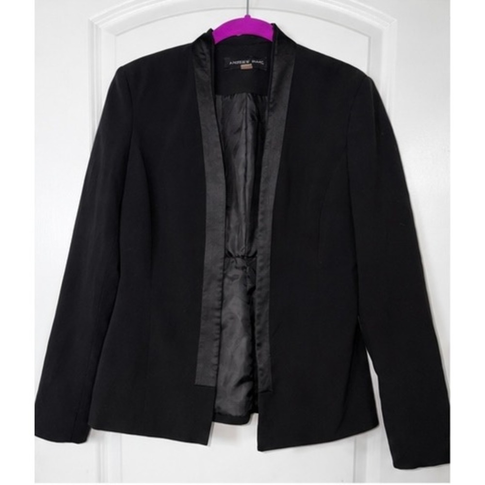 Andrew Marc Women Black Satin Trim Open Front Collarless Blazer Jacket Size 4